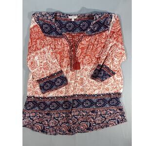 Lucky Brand Boho Peasant Top 1X Tassel Tie Floral Print Red Blue Festival Blouse
